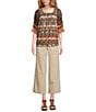 Calessa Petite Size Abstract Border Print Square Neck Elbow Sleeve Mesh Knit Tunic, Color:Sand Multi - Image 3