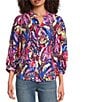 Calessa Petite Size Abstract Patchwork Round Split V-Neck 3/4 Sleeve Button Front Tunic, Color:Black/Fuchsia - Image 1