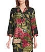 Calessa Petite Size Autumn Garden Banded Split V-Neck 3/4 Sleeve Coordinating Tunic, Color:Black Multi - Image 1