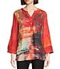 Calessa Petite Size Autumn Patchwork Partial Button-Front Placket Bracelet Sleeve Tunic, Color:Crimson/Multi - Image 1
