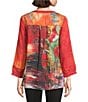 Calessa Petite Size Autumn Patchwork Partial Button-Front Placket Bracelet Sleeve Tunic, Color:Crimson/Multi - Image 2