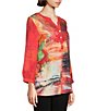 Calessa Petite Size Autumn Patchwork Partial Button-Front Placket Bracelet Sleeve Tunic, Color:Crimson/Multi - Image 3
