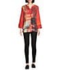 Calessa Petite Size Autumn Patchwork Partial Button-Front Placket Bracelet Sleeve Tunic, Color:Crimson/Multi - Image 5