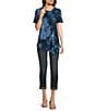 Calessa Petite Size Burnout Knit Round Neck Short Sleeve Asymmetric Hem Tunic, Color:Blue Multi - Image 3