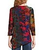 Calessa Petite Size Burnout Tie-Dye Crew Neck 3/4 Sleeve Asymmetric Tunic, Color:Crimson/Multi - Image 2
