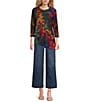 Calessa Petite Size Burnout Tie-Dye Crew Neck 3/4 Sleeve Asymmetric Tunic, Color:Crimson/Multi - Image 3