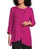 Calessa Petite Size Coordinating Textured Knit Stripe Round Neck Short Sleeve Asymmetric Tunic - Image 1
