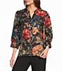 Calessa Petite Size Coordinating Woven Floral Split V 3/4 Sleeve Button Front Blouse - Image 1