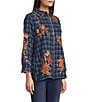 Calessa Petite Size Crinkle Embroidered Floral Point Collar Wrist Length Sleeve Button Front Shirt, Color:Navy Multi - Image 3