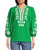 Calessa Petite Size Crinkle Textured Embroidered Round Split V-Neck Bracelet Sleeve Tunic - Image 1
