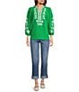 Calessa Petite Size Crinkle Textured Embroidered Round Split V-Neck Bracelet Sleeve Tunic - Image 3