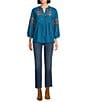 Calessa Petite Size Crinkle Textured Ikat Embroidered Split V-Neck 3/4 Sleeve Button Front Tunic, Color:Turquoise Multi - Image 3