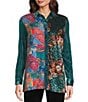 Calessa Petite Size Crinkle Woven Patchwork Point Collar Long Sleeve Button Front Shirt, Color:Emerald Multi - Image 1