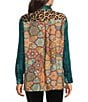 Calessa Petite Size Crinkle Woven Patchwork Point Collar Long Sleeve Button Front Shirt, Color:Emerald Multi - Image 2