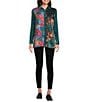Calessa Petite Size Crinkle Woven Patchwork Point Collar Long Sleeve Button Front Shirt, Color:Emerald Multi - Image 4