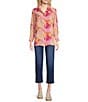 Calessa Petite Size Desert Floral Print Point Collar Long Sleeve Button Front Shirt, Color:Pink Multi - Image 5