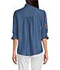 Calessa Petite Size Embroidered 3/4 Sleeve Point Collar Button Front Shirt, Color:Indigo - Image 2