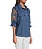 Calessa Petite Size Embroidered 3/4 Sleeve Point Collar Button Front Shirt, Color:Indigo - Image 3