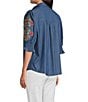 Calessa Petite Size Embroidered 3/4 Sleeve Point Collar Button Front Shirt, Color:Indigo - Image 4