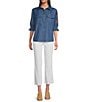 Calessa Petite Size Embroidered 3/4 Sleeve Point Collar Button Front Shirt, Color:Indigo - Image 5