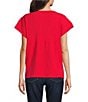 Calessa Petite Size Embroidered Crinkle Split V-Neck Short Sleeve Top, Color:Red - Image 2