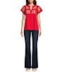 Calessa Petite Size Embroidered Crinkle Split V-Neck Short Sleeve Top, Color:Red - Image 3