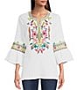 Color:White Multi - Image 1 - Petite Size Embroidered Crinkle Woven Split Round Neck 3/4 Ruffled Bell Sleeve Tunic