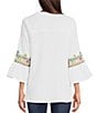 Color:White Multi - Image 2 - Petite Size Embroidered Crinkle Woven Split Round Neck 3/4 Ruffled Bell Sleeve Tunic