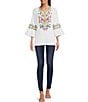 Color:White Multi - Image 3 - Petite Size Embroidered Crinkle Woven Split Round Neck 3/4 Ruffled Bell Sleeve Tunic