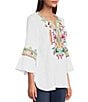 Color:White Multi - Image 4 - Petite Size Embroidered Crinkle Woven Split Round Neck 3/4 Ruffled Bell Sleeve Tunic