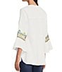 Color:White Multi - Image 5 - Petite Size Embroidered Crinkle Woven Split Round Neck 3/4 Ruffled Bell Sleeve Tunic