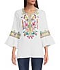 Color:White Multi - Image 1 - Petite Size Embroidered Crinkle Woven Split Round Neck 3/4 Ruffled Bell Sleeve Tunic