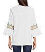 Color:White Multi - Image 2 - Petite Size Embroidered Crinkle Woven Split Round Neck 3/4 Ruffled Bell Sleeve Tunic