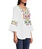 Color:White Multi - Image 3 - Petite Size Embroidered Crinkle Woven Split Round Neck 3/4 Ruffled Bell Sleeve Tunic