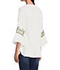 Color:White Multi - Image 4 - Petite Size Embroidered Crinkle Woven Split Round Neck 3/4 Ruffled Bell Sleeve Tunic