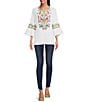 Color:White Multi - Image 5 - Petite Size Embroidered Crinkle Woven Split Round Neck 3/4 Ruffled Bell Sleeve Tunic