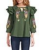 Calessa Petite Size Embroidered Floral Patchwork Split V-Neck Ties 3/4 Sleeve Tunic - Image 1