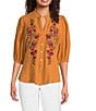 Calessa Petite Size Embroidered Floral Split V-Neck 3/4 Sleeve Button Front Tunic, Color:Gold Multi - Image 1