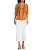 Calessa Petite Size Embroidered Floral Split V-Neck 3/4 Sleeve Button Front Tunic, Color:Gold Multi - Image 3