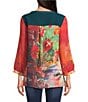 Calessa Petite Size Embroidered Patchwork Print Split V-Neck Wrist Sleeve Tunic, Color:Emerald Multi - Image 2