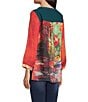 Calessa Petite Size Embroidered Patchwork Print Split V-Neck Wrist Sleeve Tunic, Color:Emerald Multi - Image 4