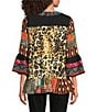 Calessa Petite Size Embroidered Patchwork Animal Print Split V-Neck 3/4 Sleeve Tunic, Color:Black Multi - Image 2