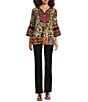 Calessa Petite Size Embroidered Patchwork Animal Print Split V-Neck 3/4 Sleeve Tunic, Color:Black Multi - Image 3