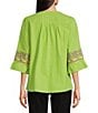 Color:Lime Multi - Image 2 - Petite Size Embroidered Patchwork Split Round Neck 3/4 Sleeve Tunic