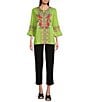 Color:Lime Multi - Image 3 - Petite Size Embroidered Patchwork Split Round Neck 3/4 Sleeve Tunic