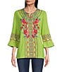 Color:Lime Multi - Image 1 - Petite Size Embroidered Patchwork Split Round Neck 3/4 Sleeve Tunic