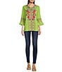Color:Lime Multi - Image 3 - Petite Size Embroidered Patchwork Split Round Neck 3/4 Sleeve Tunic