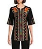 Color:Black Multi - Image 1 - Petite Size Geo Pattern Embroidered Patchwork Split Round Neck Short Sleeve Tunic