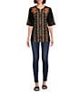 Color:Black Multi - Image 3 - Petite Size Geo Pattern Embroidered Patchwork Split Round Neck Short Sleeve Tunic