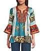Calessa Petite Size Embroidered Patchwork Split V-Neck 3/4 Sleeve Tunic, Color:Turquoise Multi - Image 1